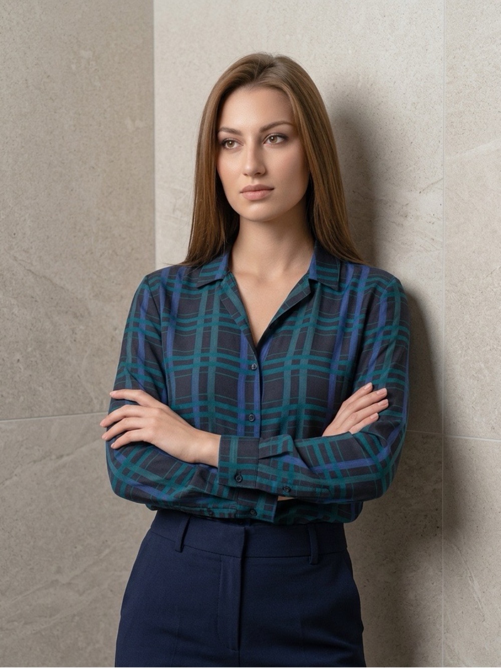 Equipment Femme Black/Green Plaid Silk Shirt, Size S